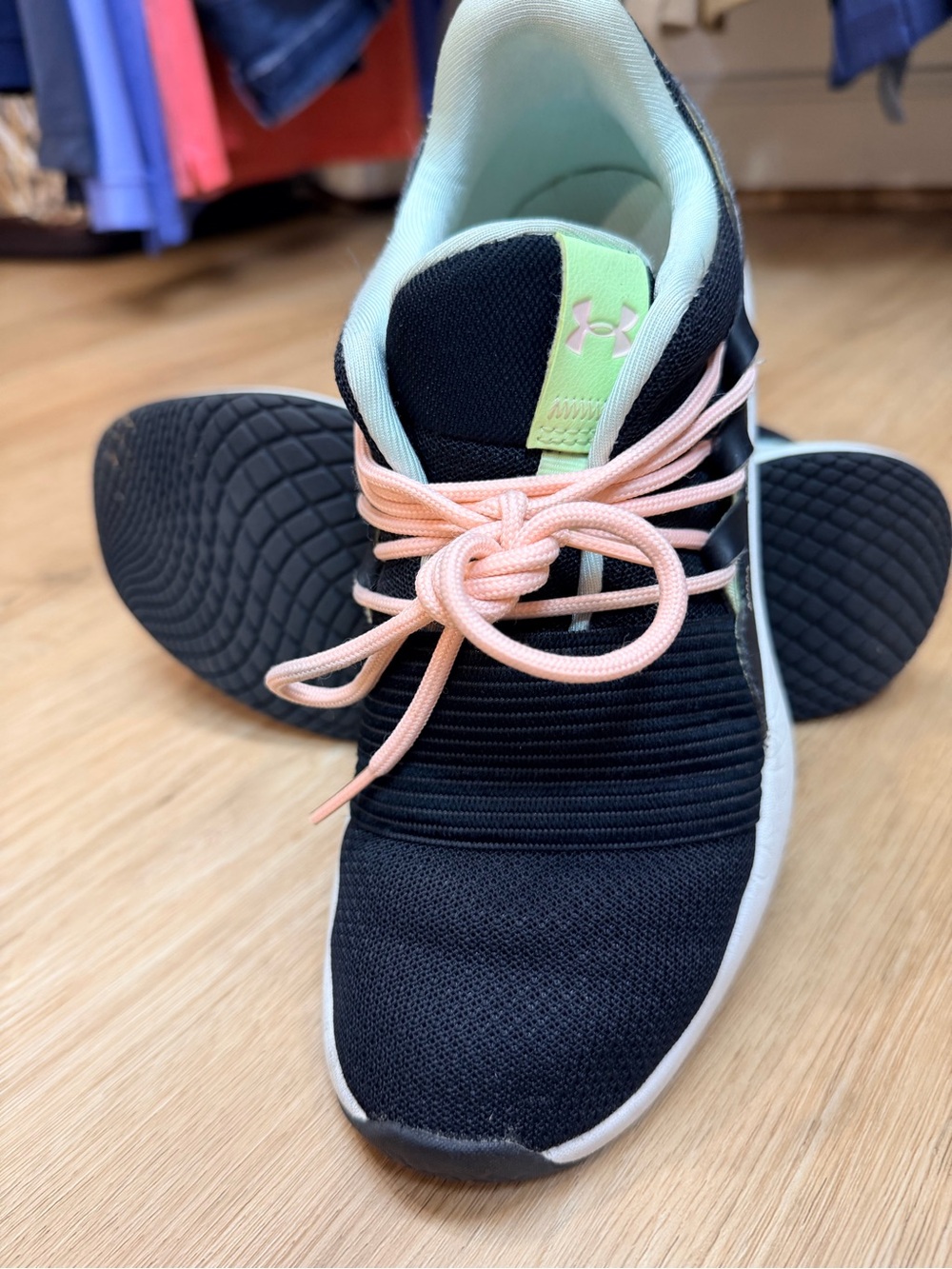 Under Armour Women’s Black Knit Lace Up Sneaker with Neon Accents and Laces